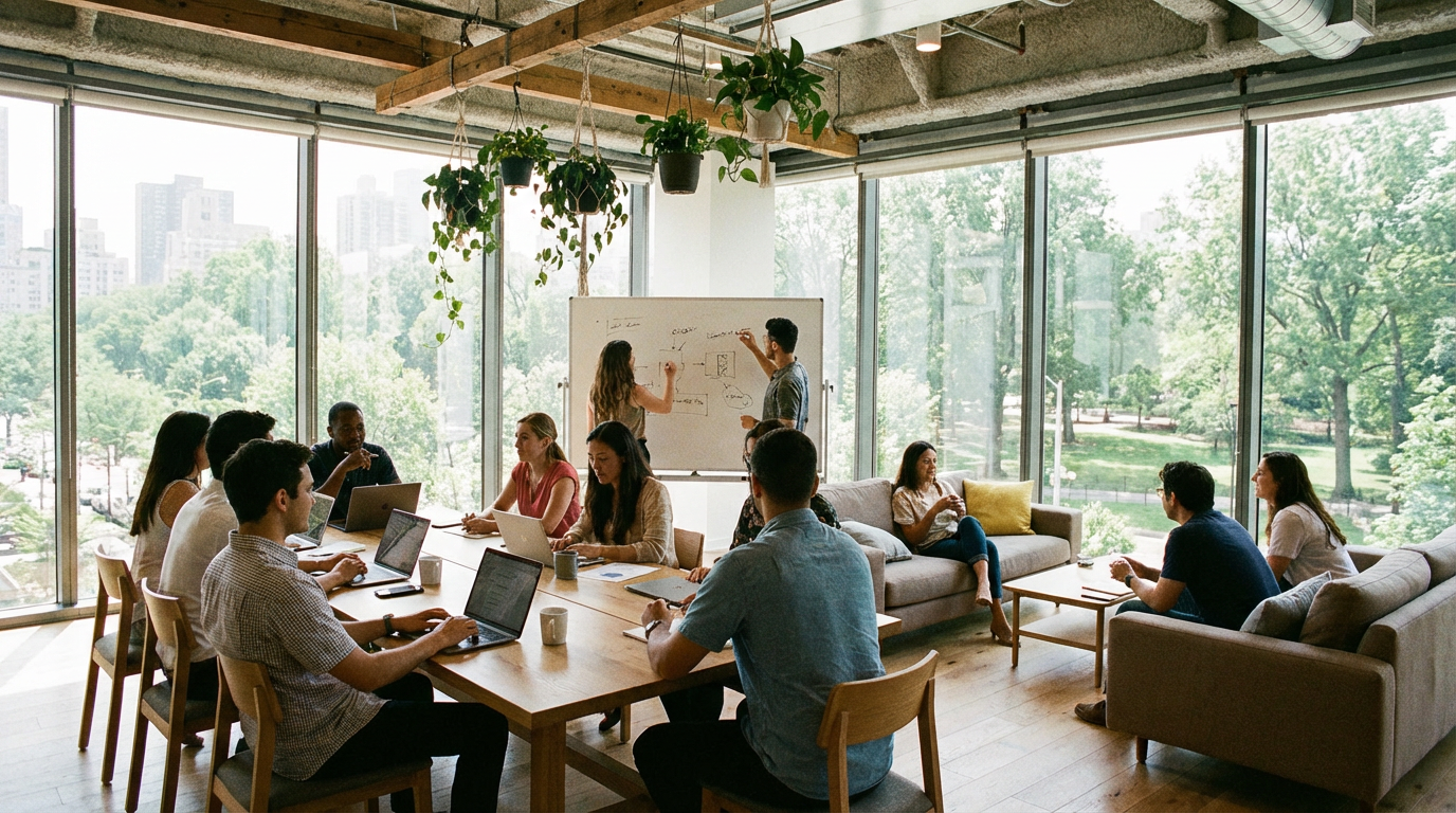 Team members working together in a sunny modern office with laptops and whiteboard