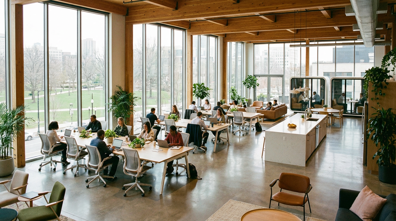 Open coworking space with people at desks and large windows