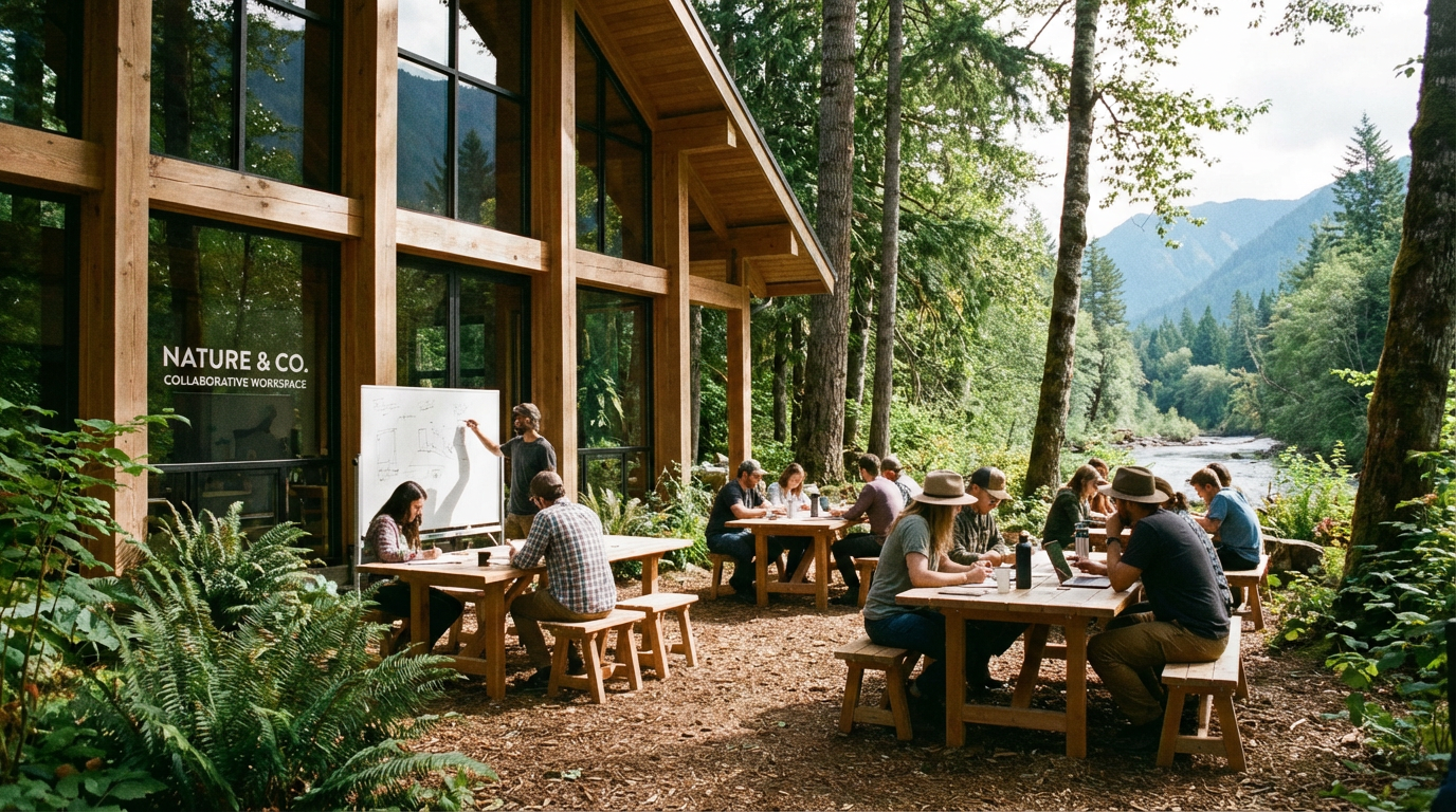 People working at wooden tables outside a glass-walled office in a forested area