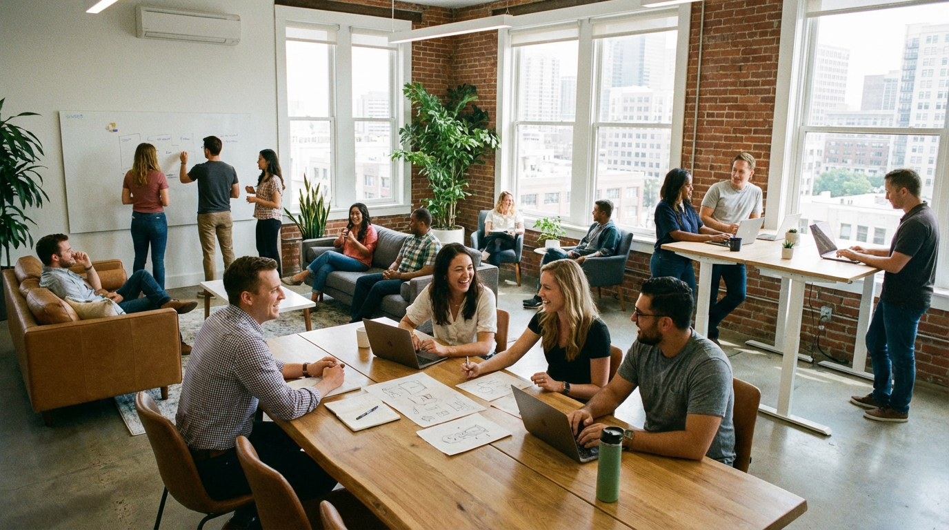 Team of people collaborating and working together in an open-plan office with laptops and whiteboard