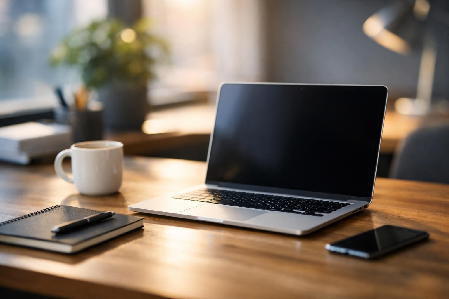 Laptop with black screen on wooden desk next to coffee cup, notebook, pen, and smartphone