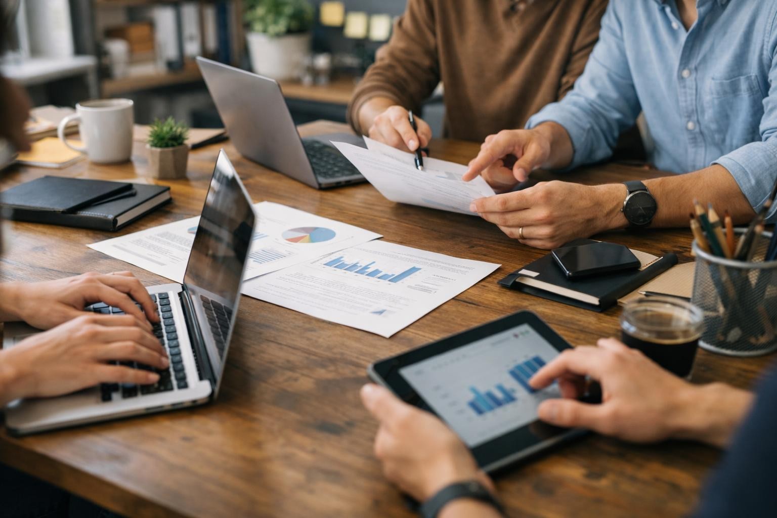 People reviewing charts and data reports on laptops, tablets, and paper