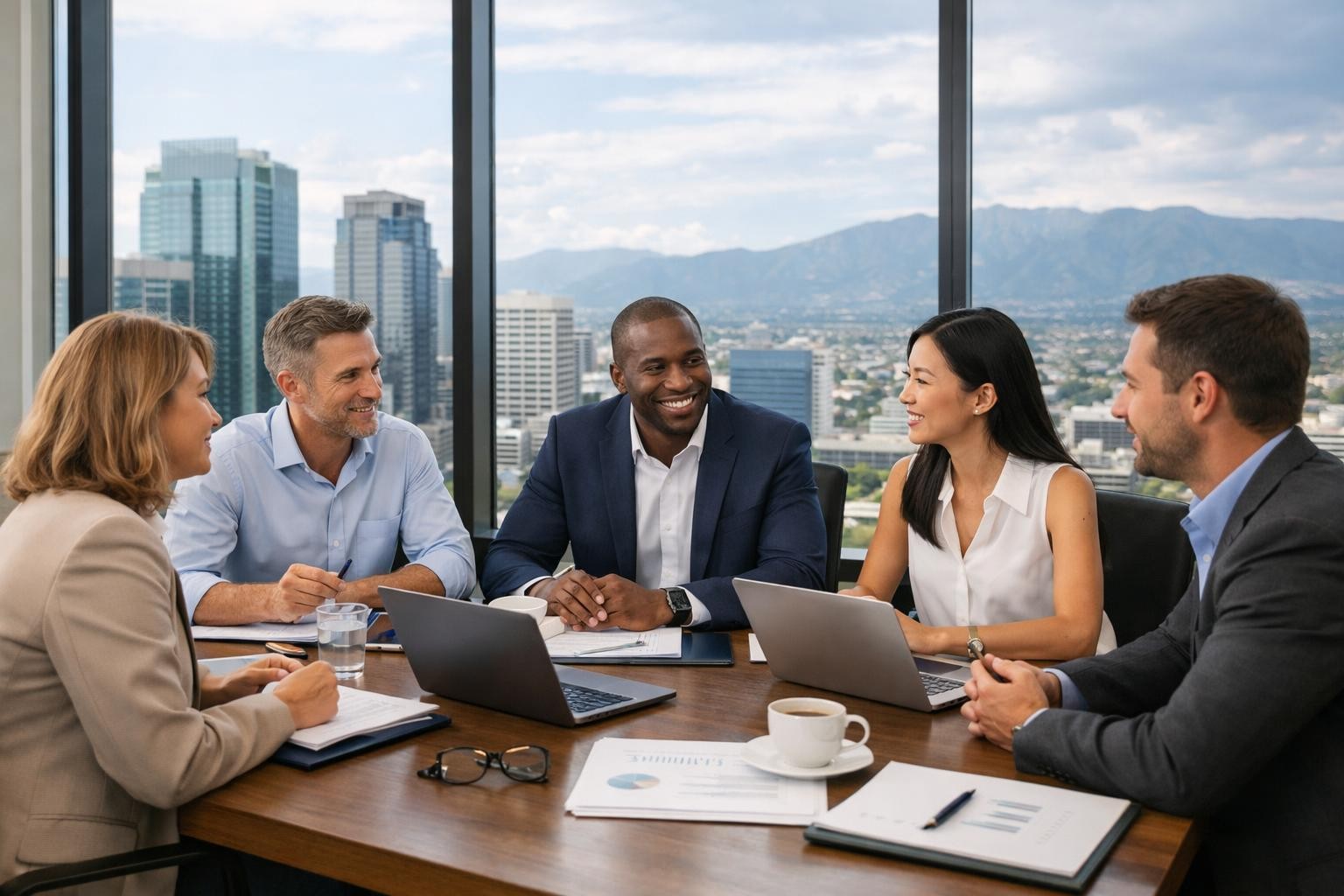 Five professionals sitting around a table having a business meeting with laptops and documents.
