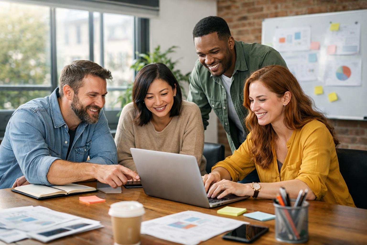 Four coworkers gathered around a laptop, collaborating and smiling