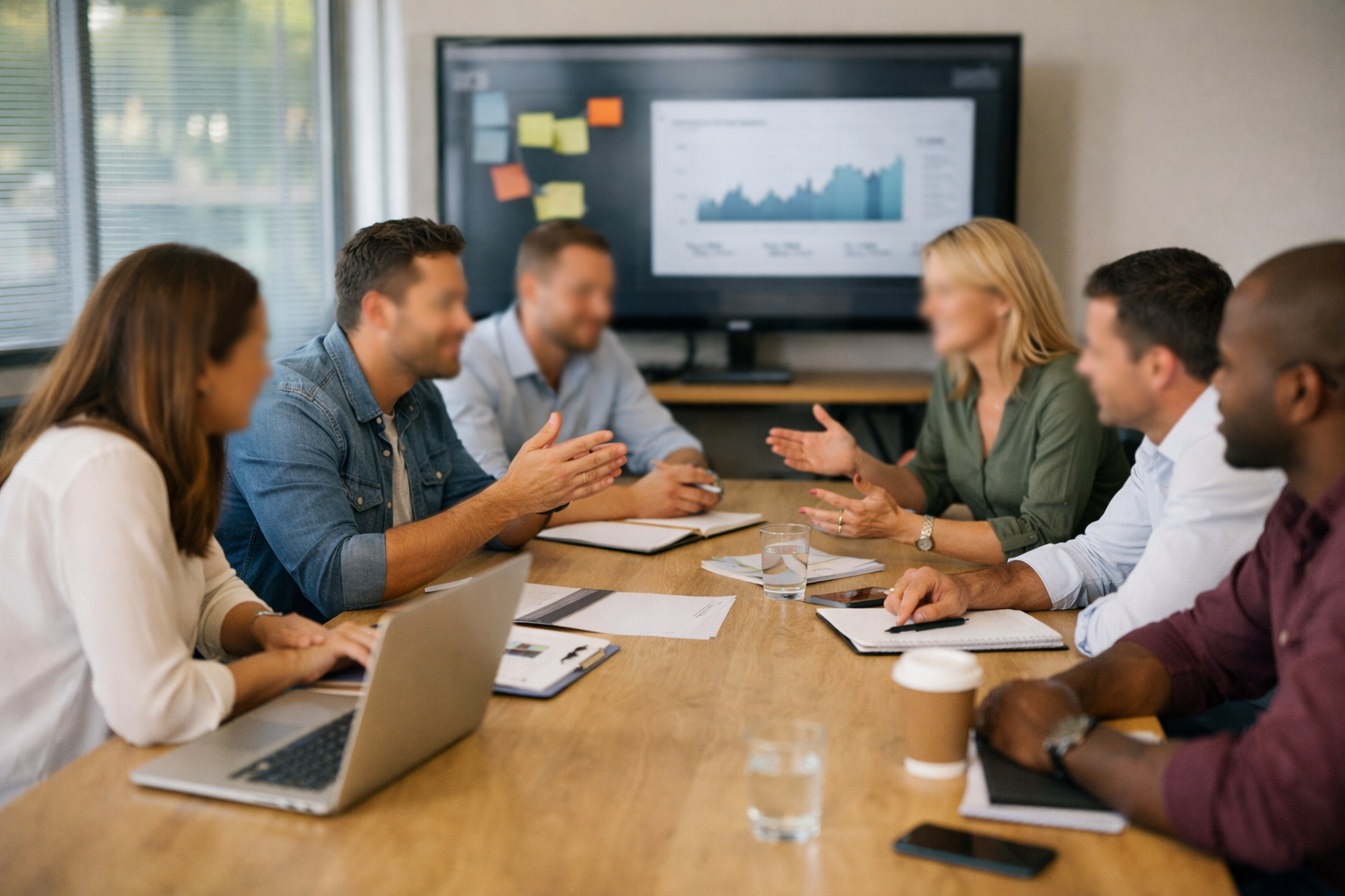 Six professionals in a meeting room discussing a data chart on a large screen