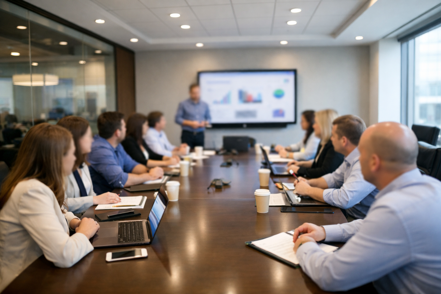 Team of professionals in a conference room watching a presentation on a screen