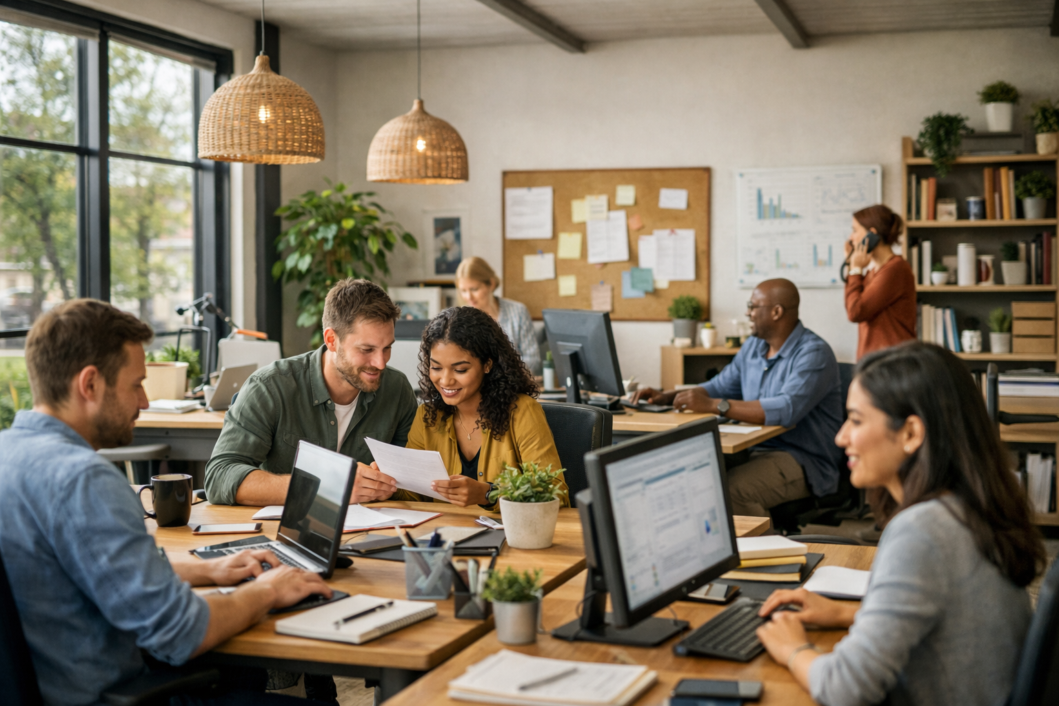 Several coworkers collaborating and working at desks with computers in an open office