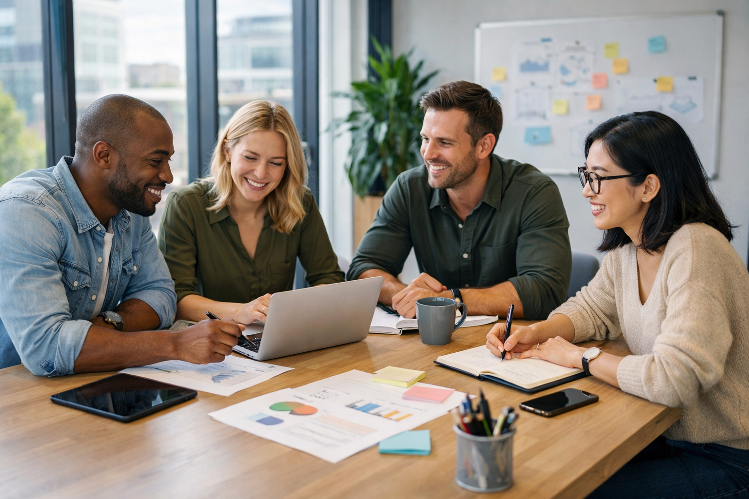 Four diverse colleagues collaborating around a laptop with charts and notes on the table