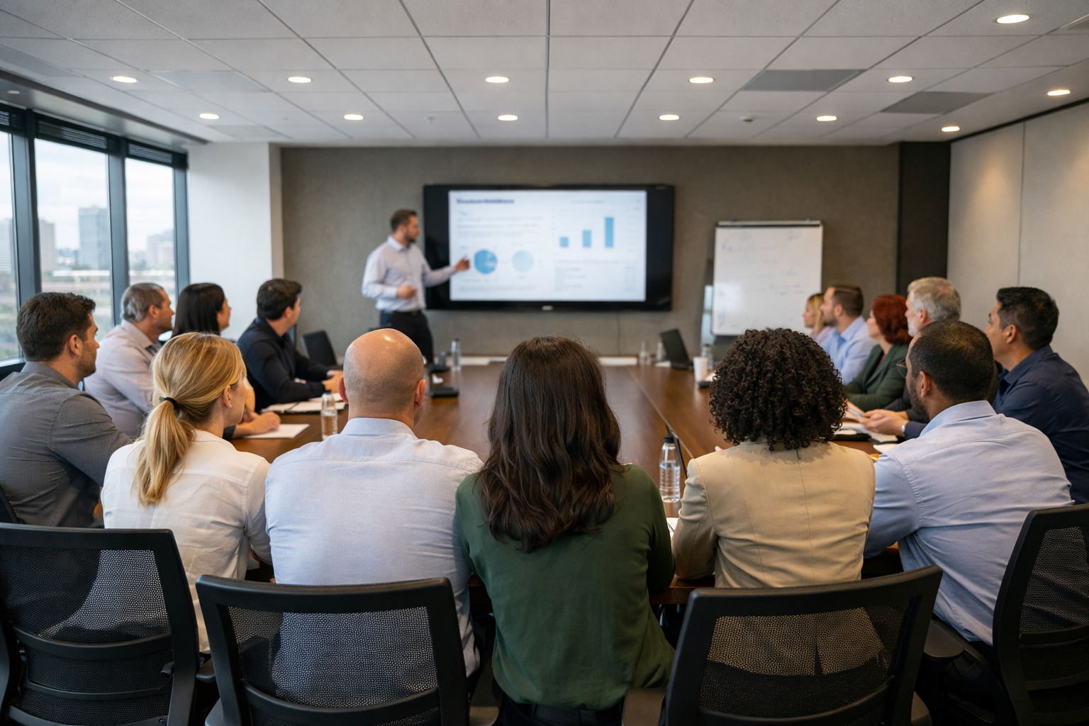Business professionals attending a presentation with charts and graphs on screen