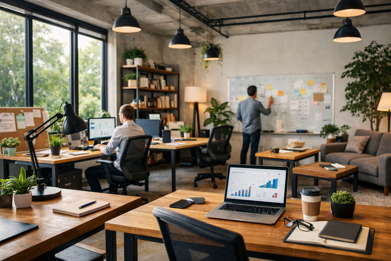 Open office with people working at desks and one writing on whiteboard
