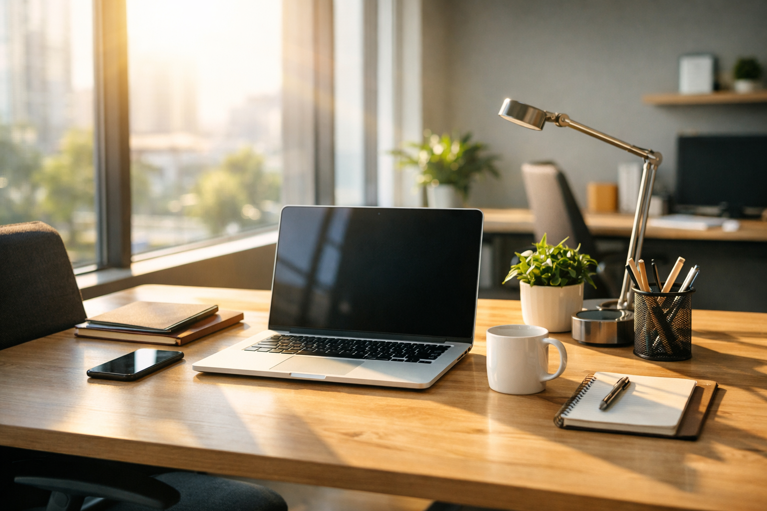 Office desk with laptop, smartphone, coffee mug, notebooks, plants, and desk lamp in sunlight