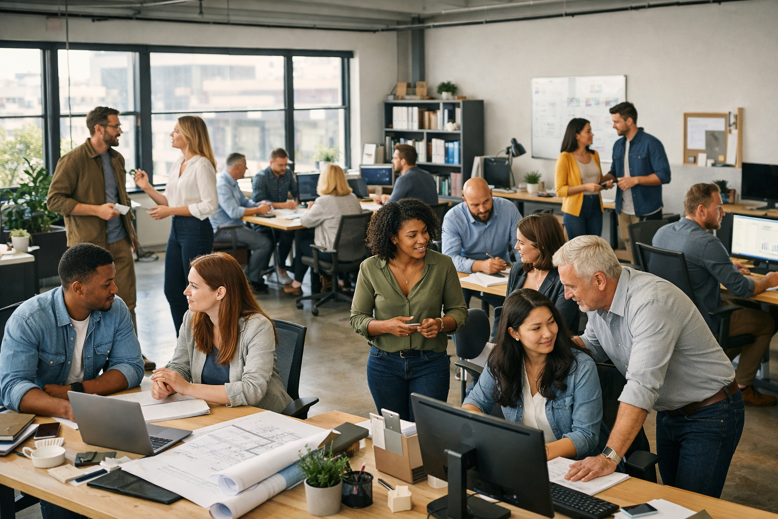People collaborating and working together in a modern open-plan office