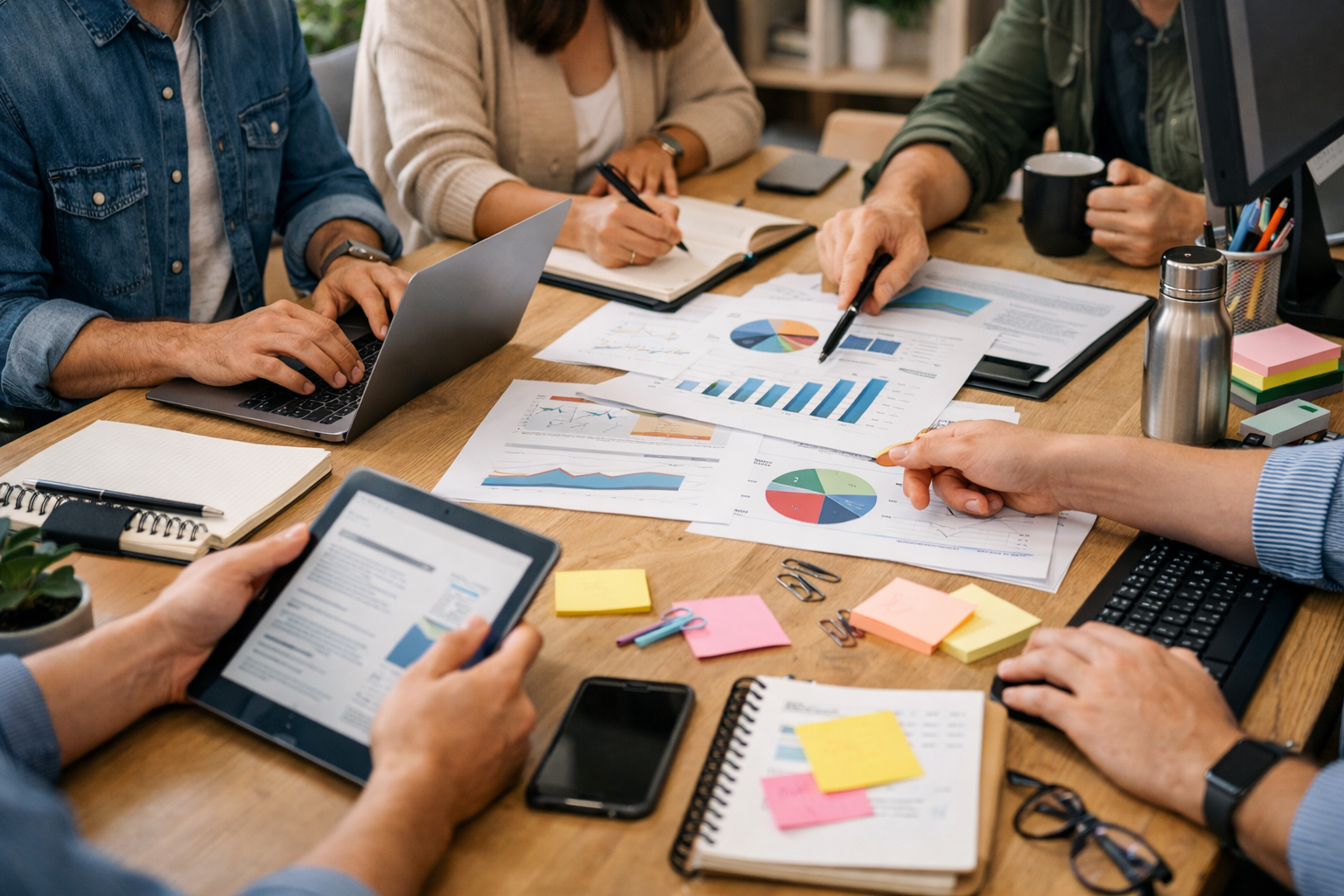 Team members reviewing printed charts and digital devices during a business meeting