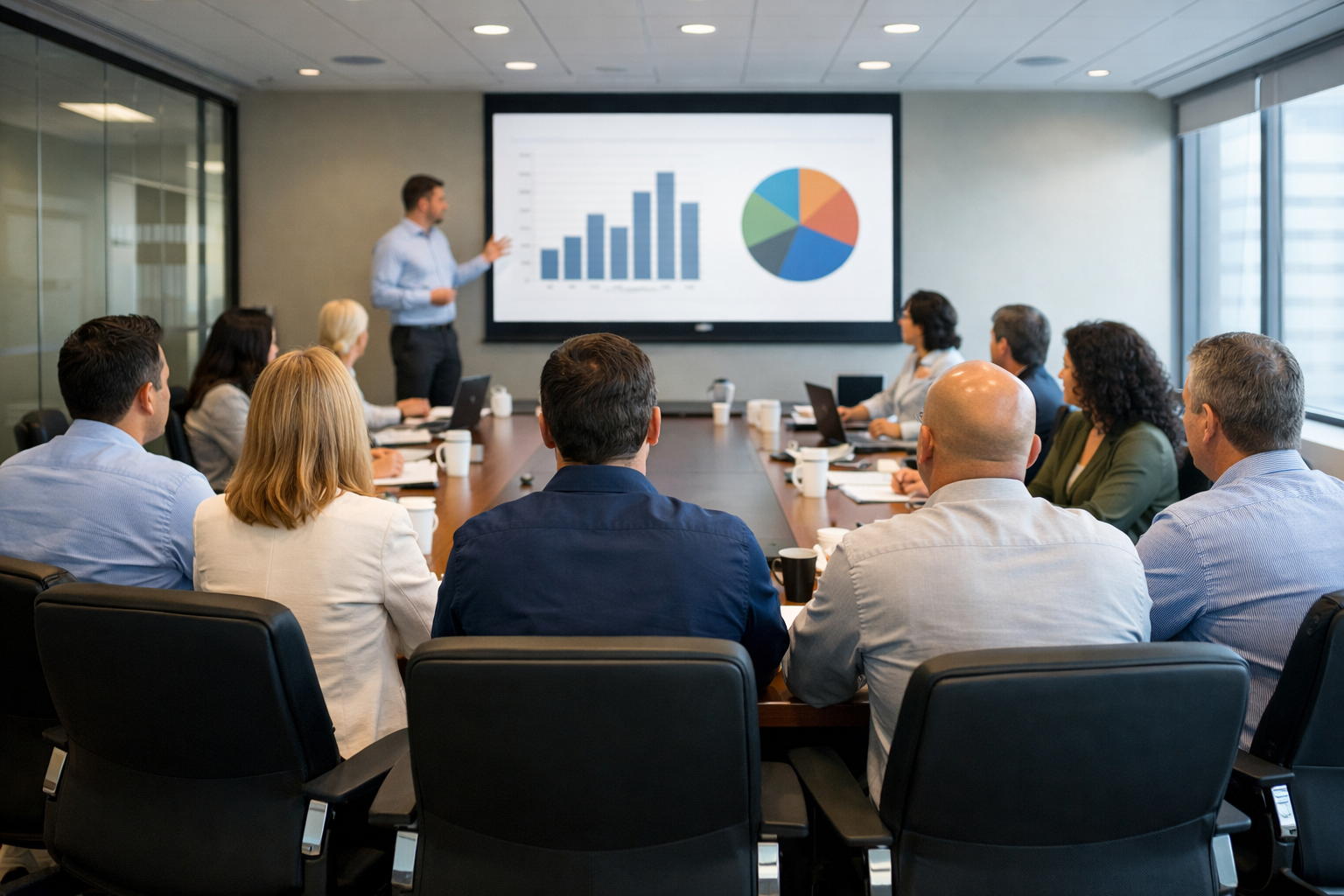 Business team in conference room watching presenter and data graphs on screen