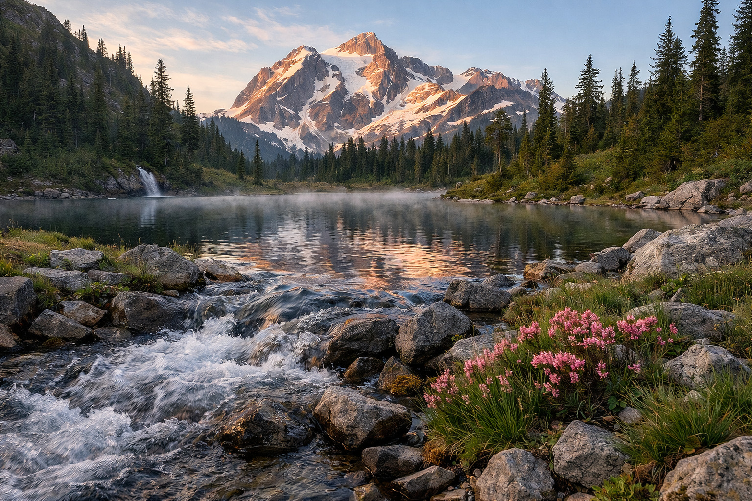 Mountain lake with snow-covered peaks, forest, waterfall, and pink wildflowers