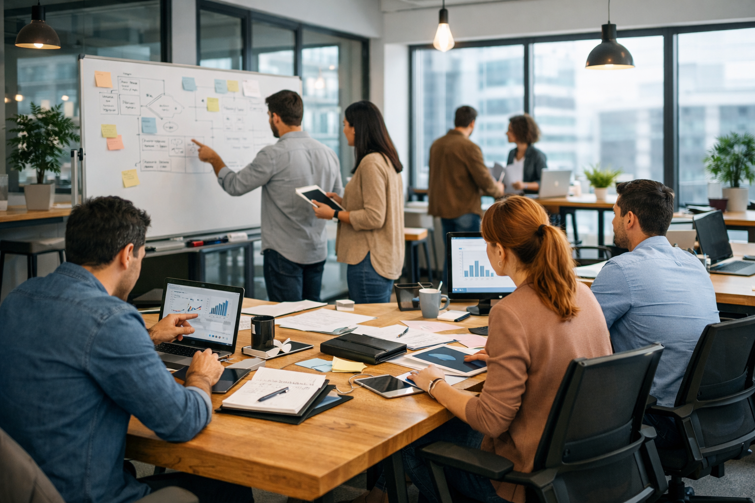 Team members discussing project plans at whiteboard and working on laptops with charts