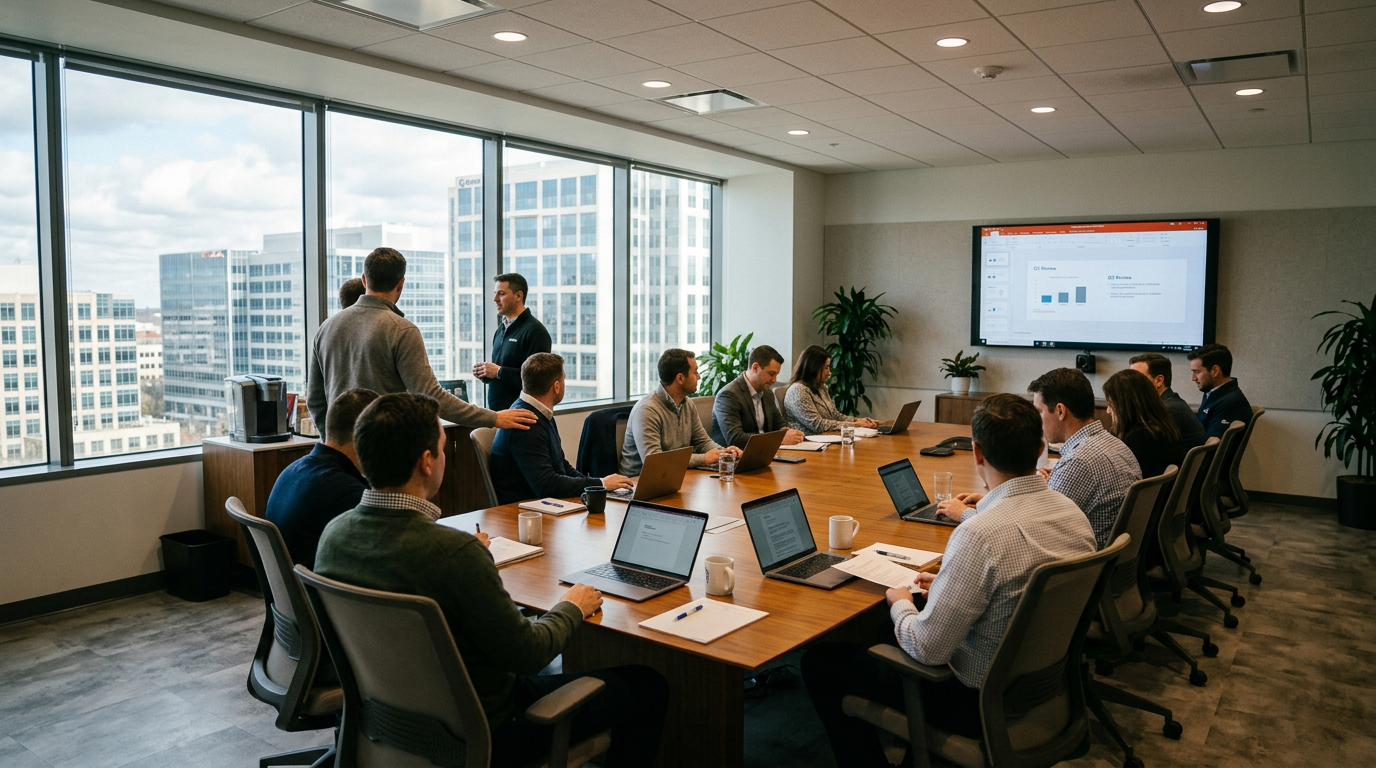 Business meeting with people seated at a table viewing presentation on screen