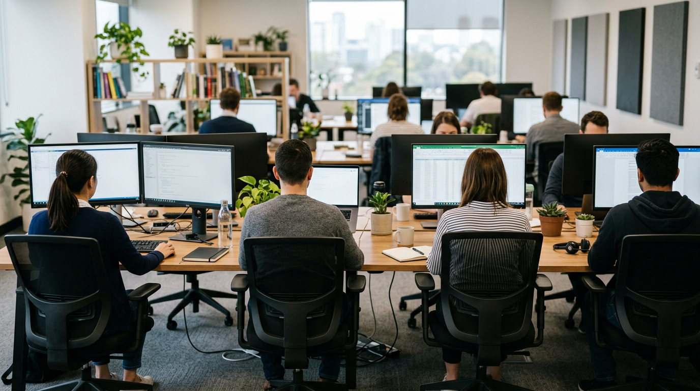 Office workers sitting at desks with multiple computer screens in a collaborative workspace