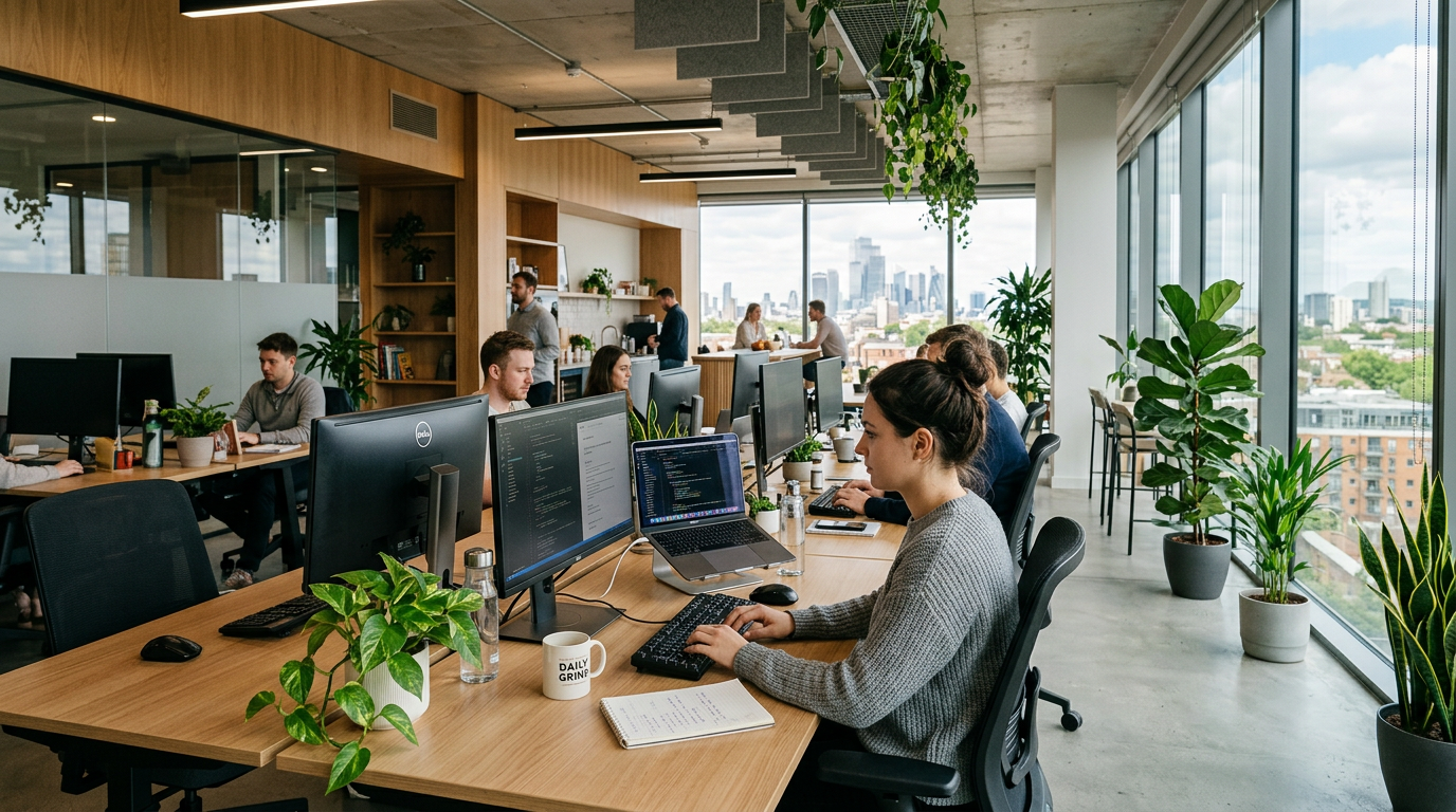 People working at computers in a spacious office with large windows and plants