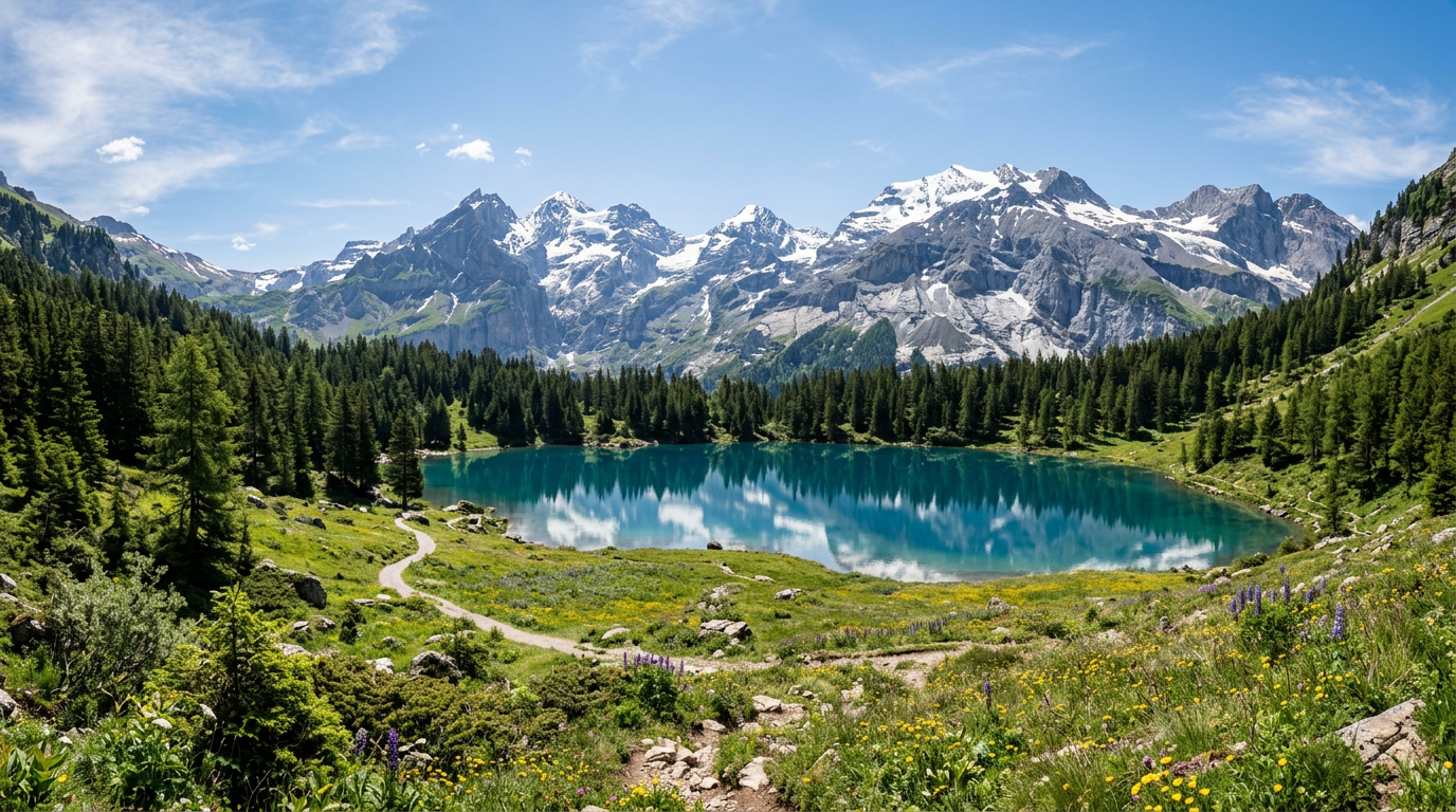Clear alpine lake surrounded by green forest and snow-capped mountains