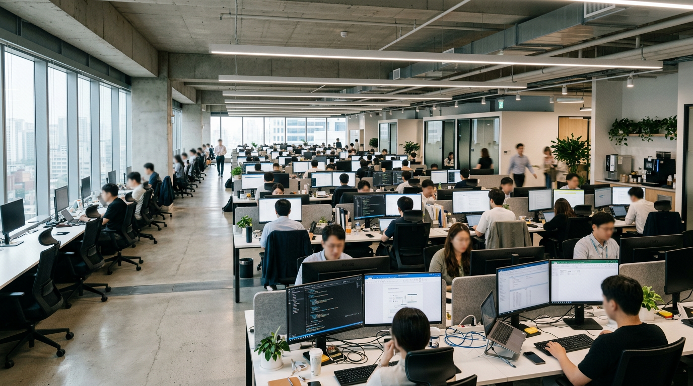 Open-plan office with workers at desks using computers