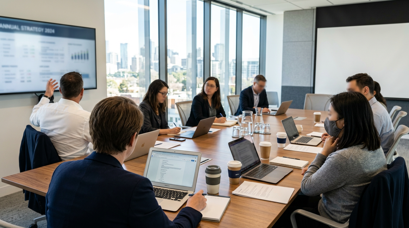 Business team in a meeting room reviewing annual strategy on a screen