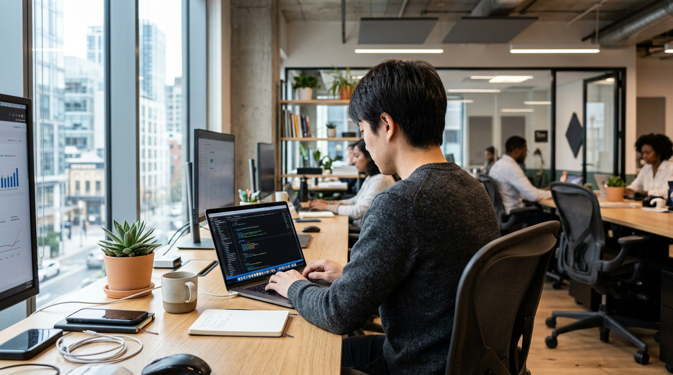 Person coding on laptop in office with colleagues working in background