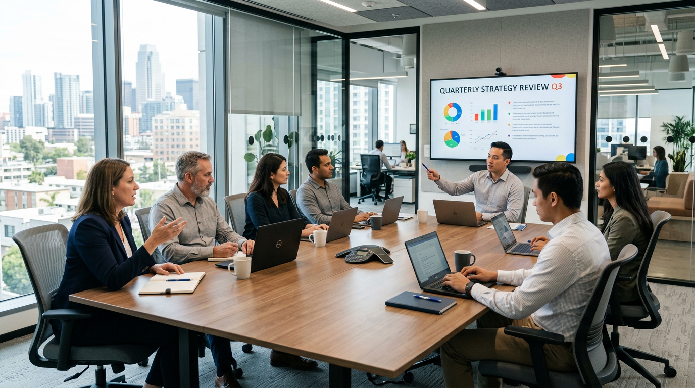 Group of seven professionals seated around a conference table with laptops engaged in a quarterly strategy review presentation