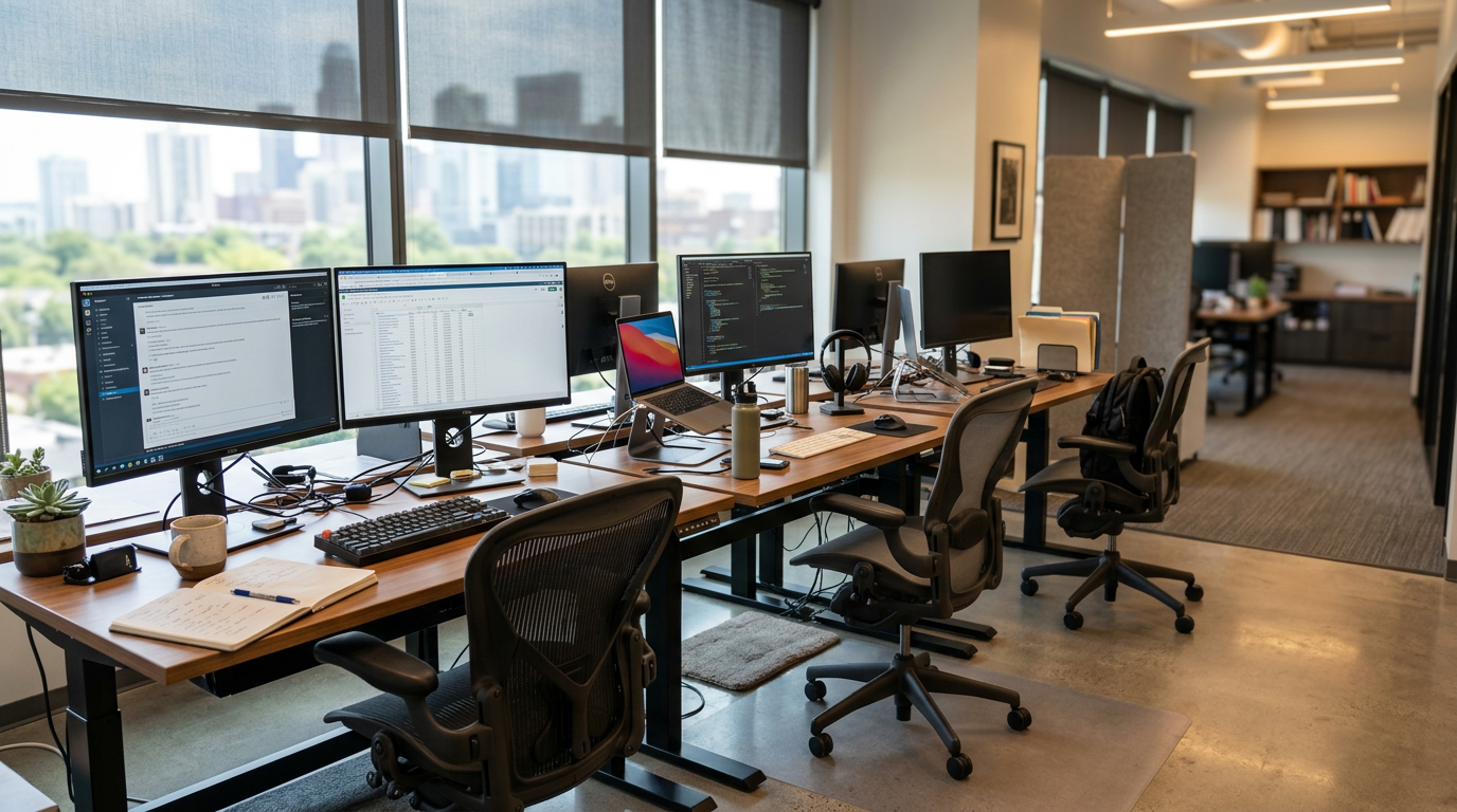 Office desks with multiple computer monitors, ergonomic chairs, and office supplies
