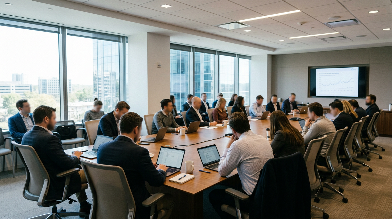 Professionals sitting around a conference table working on laptops and viewing data on a large screen