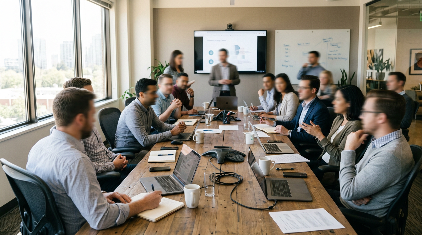 Business team sitting around a conference table with laptops and notebooks attending a presentation.