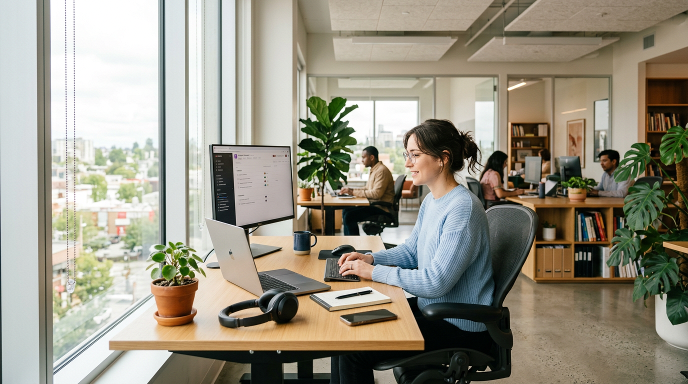 Woman typing on keyboard at office desk with laptop and monitor near window, colleagues working behind