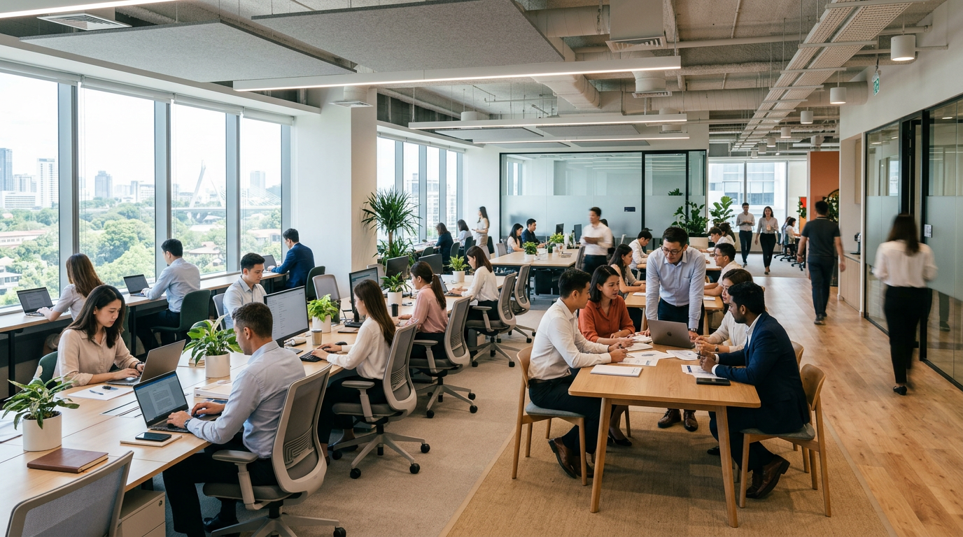 People working and discussing in a modern open office with large windows and plants