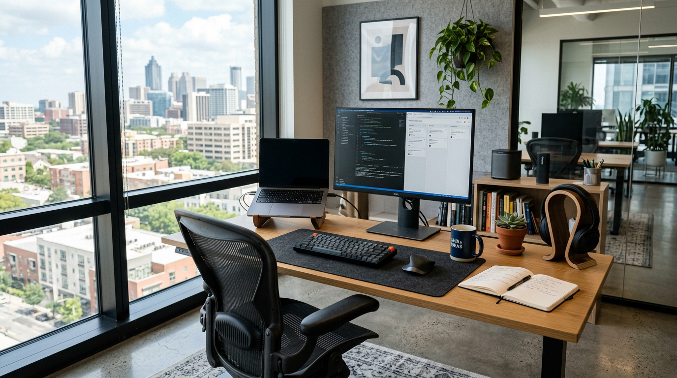 Clean workspace with laptop, monitor displaying code, keyboard, mouse, and city skyline through large window