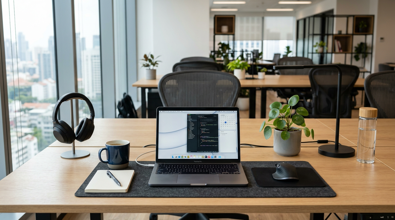 Desk with laptop displaying code, headphones on stand, coffee mug, notebook with pen, mouse, plant, and water bottle
