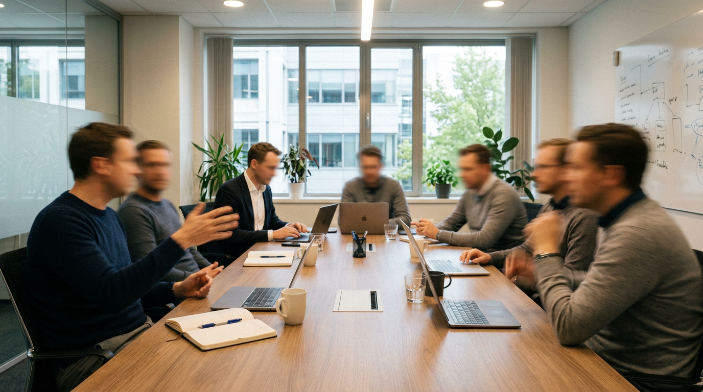 Seven men around a conference table with laptops and notebooks in an office meeting