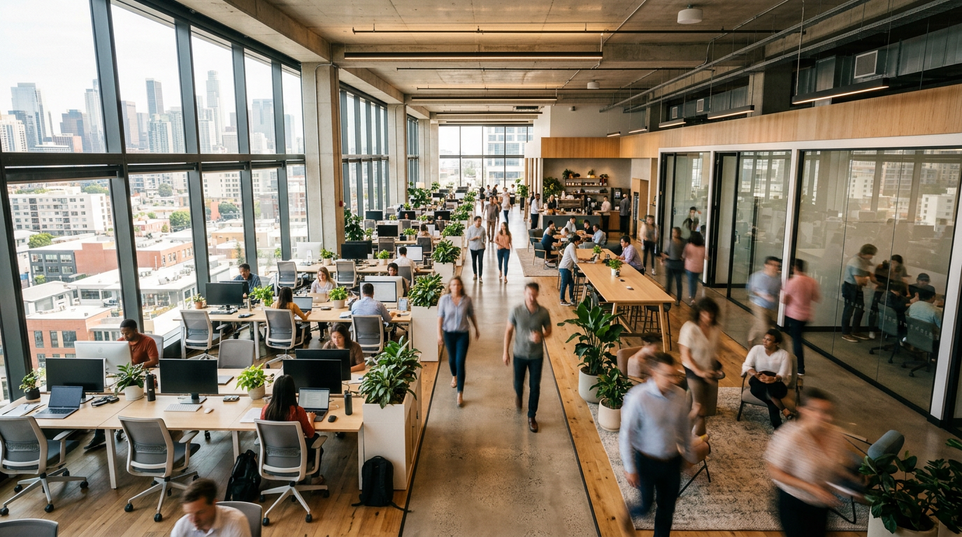 Open office space with people working at desks and walking