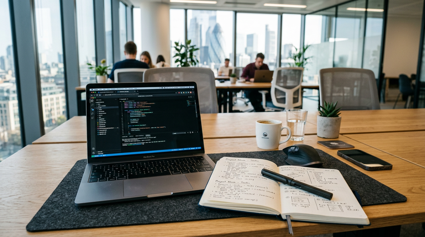 Open laptop showing code with notebook, pen, coffee, and mouse on table in office