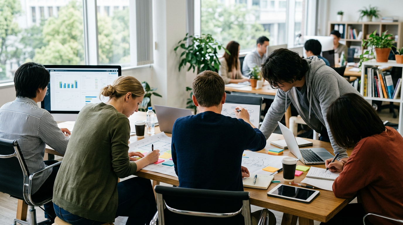Group of colleagues working together on charts and laptops in modern office