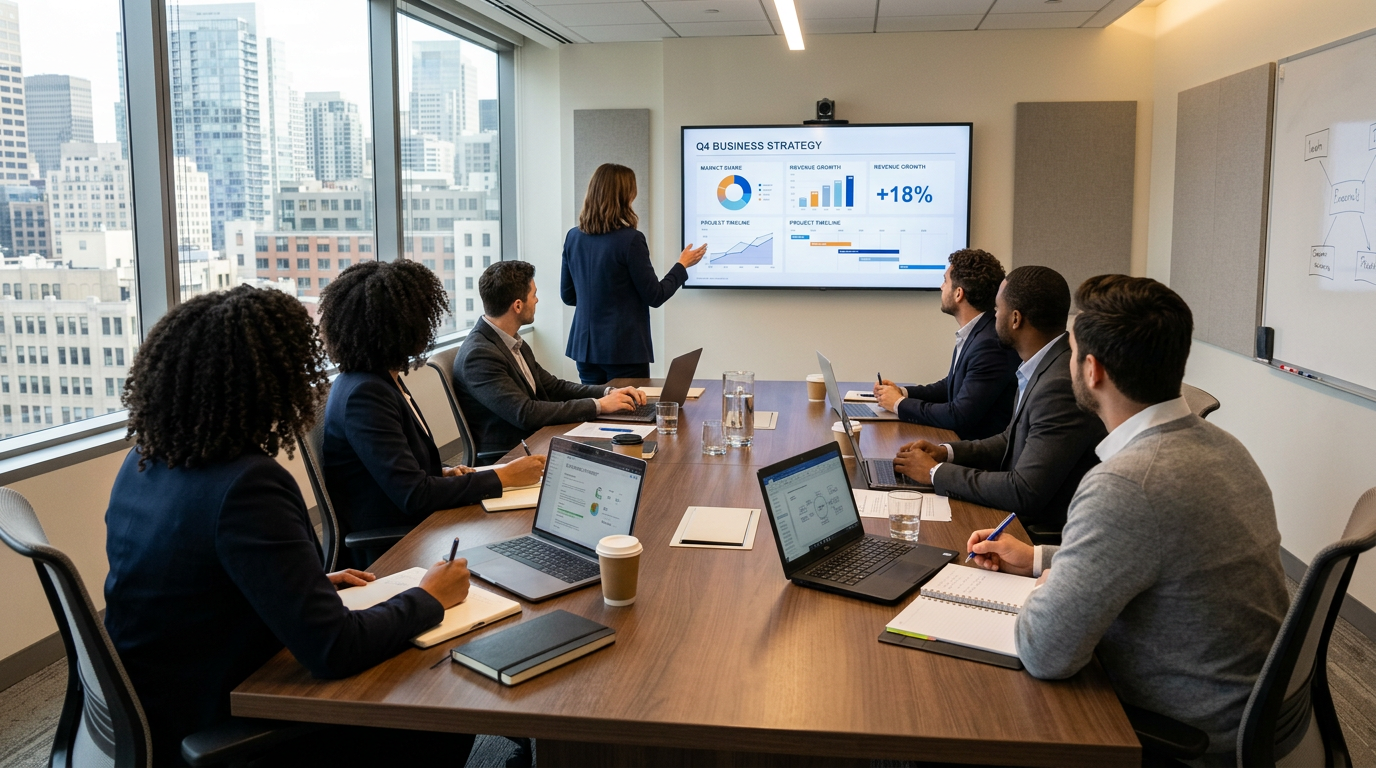 Business team watching presentation on Q4 business strategy and revenue growth