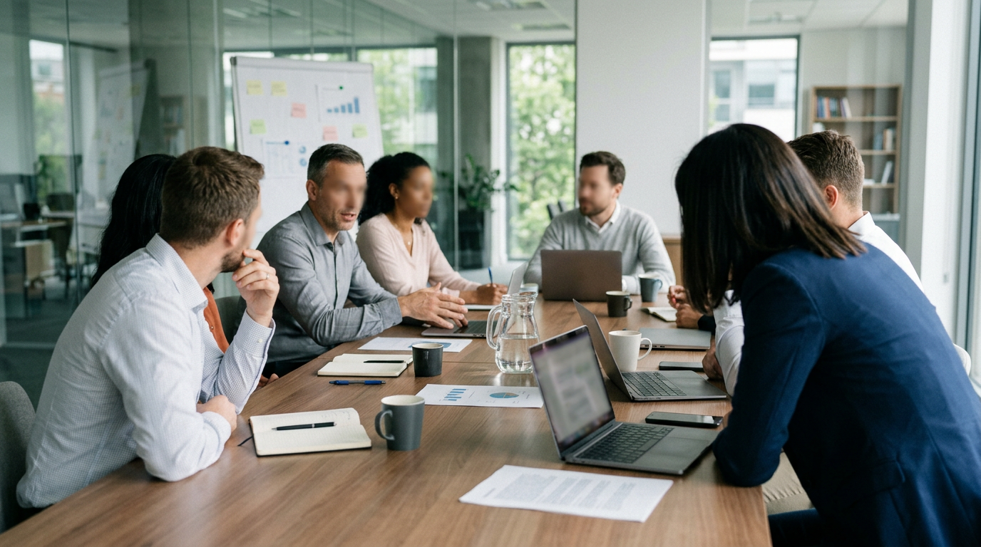 People sitting at a conference table with laptops, notebooks, and charts discussing business ideas