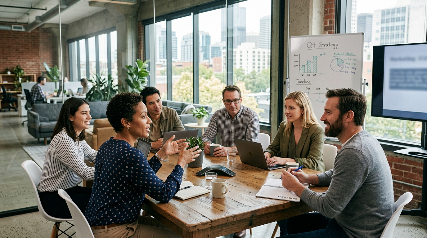 Five professionals having a meeting around a wooden table with laptops and notes in a modern office