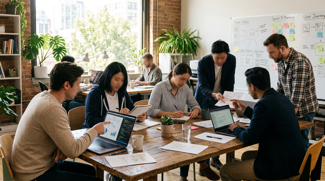 Team collaborating at a table with laptops, notebooks, and a whiteboard with planning notes