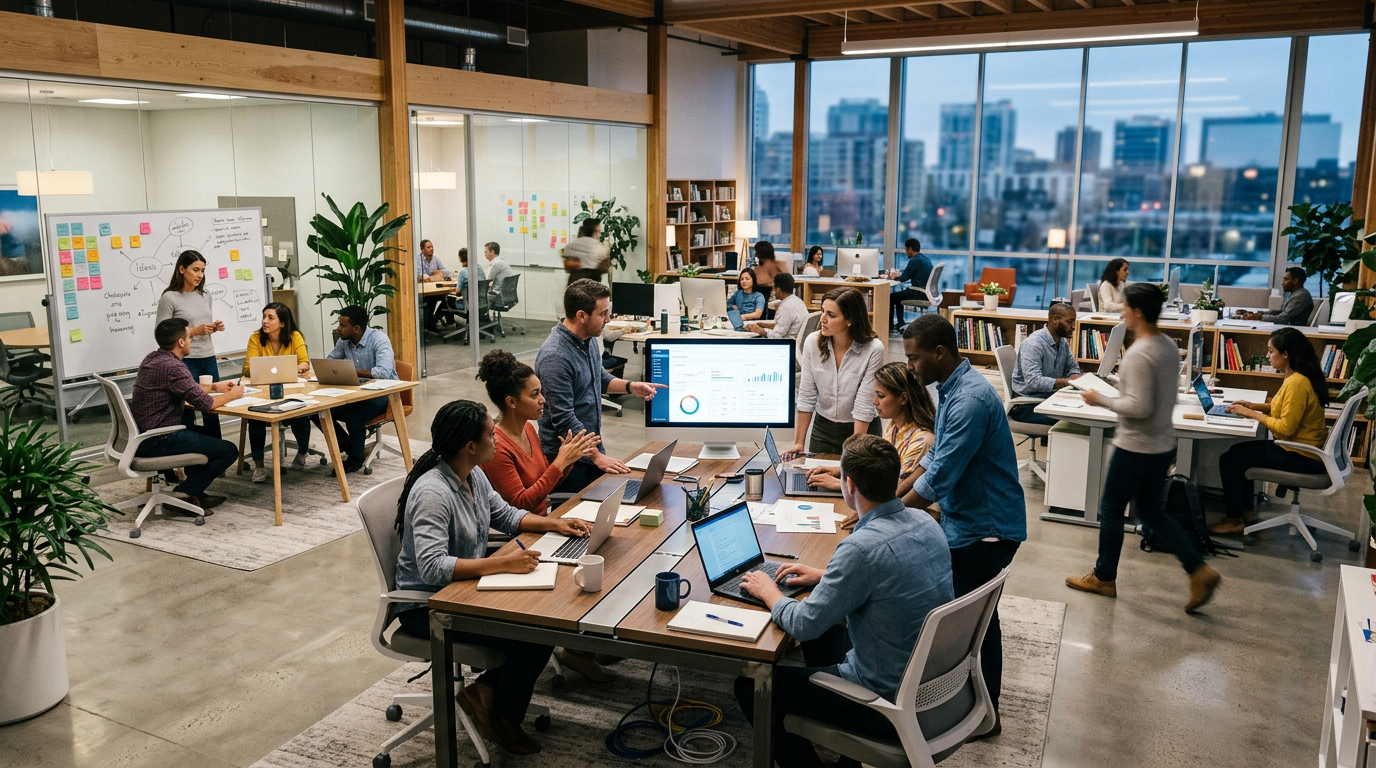 Team collaborating around table with laptops and digital presentation