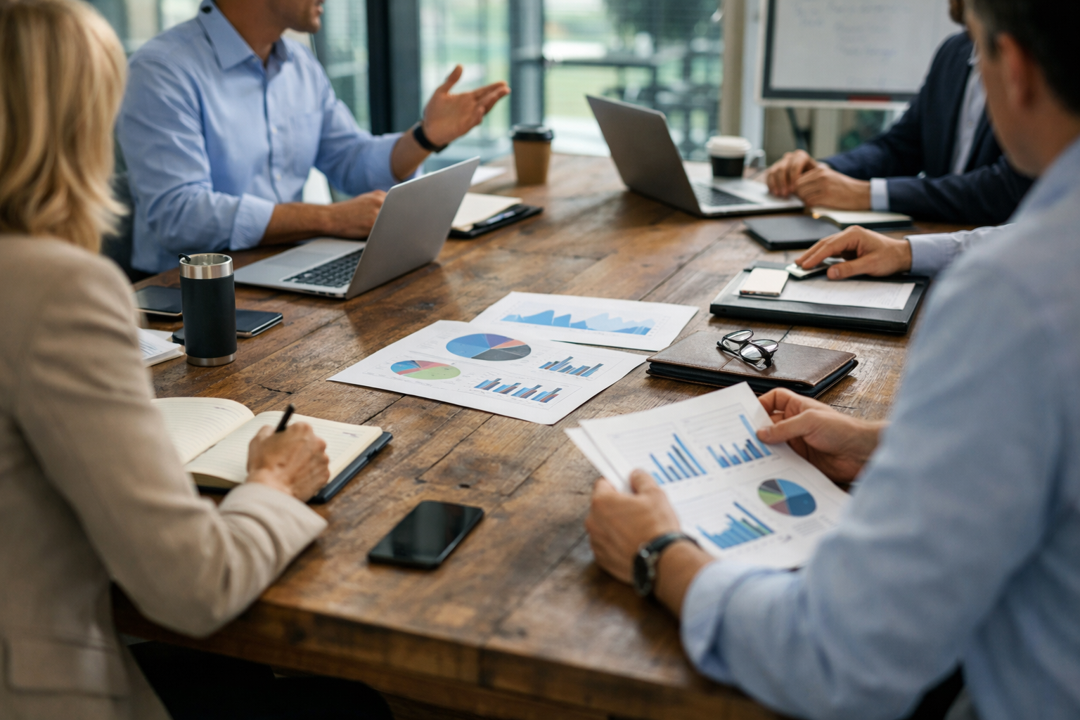 Four people around a wooden table reviewing charts and graphs with laptops and notebooks