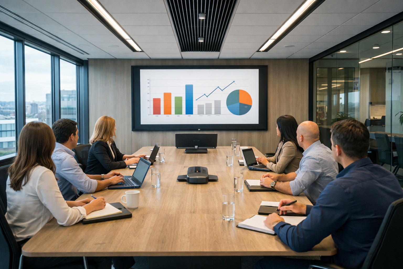 Six professionals in a conference room looking at a large screen displaying bar charts and a pie chart