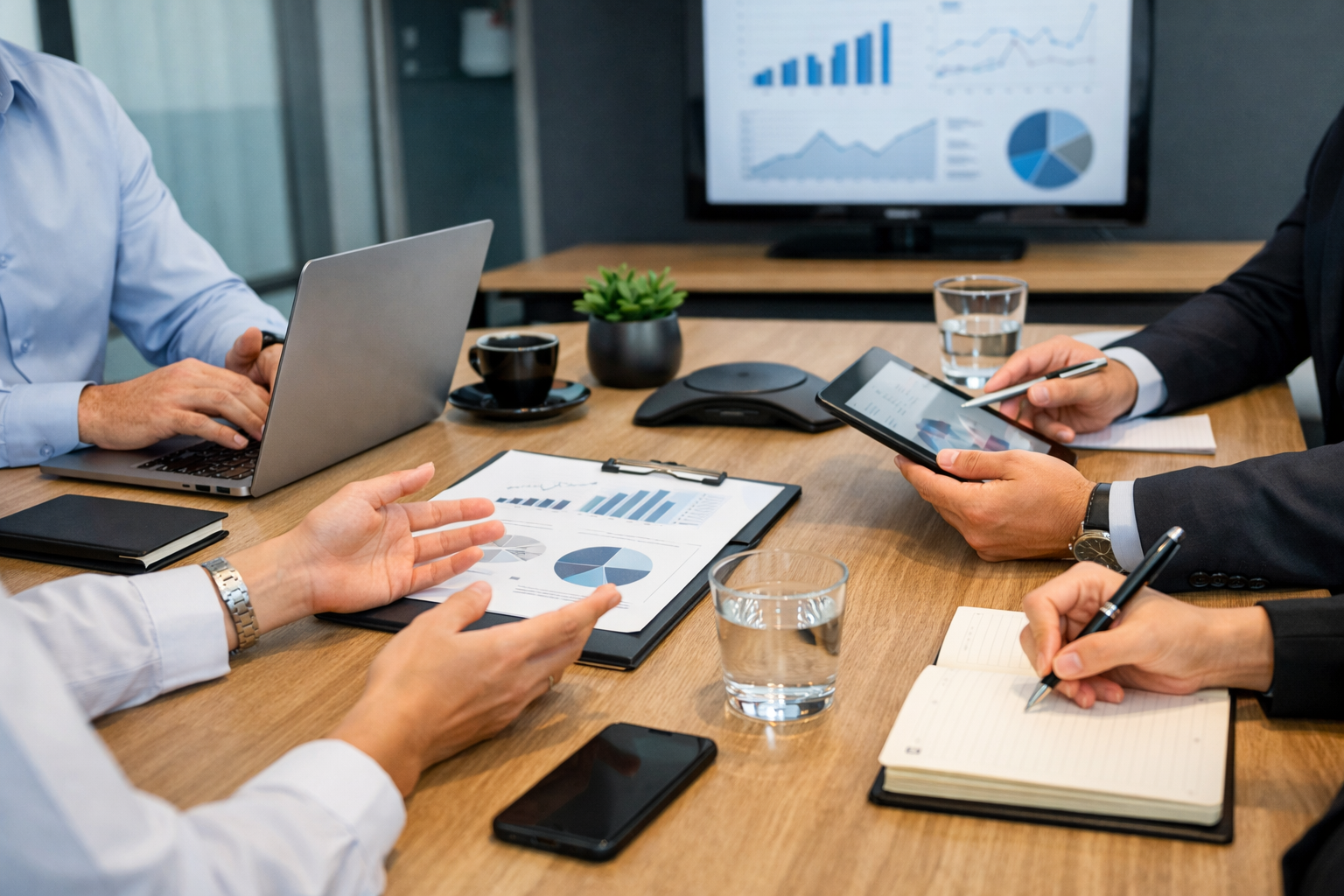Hands of professionals reviewing charts on paper and tablet with laptop and notes on table