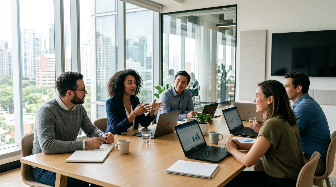 Five people in a meeting room with laptops and notebooks discussing charts and graphs