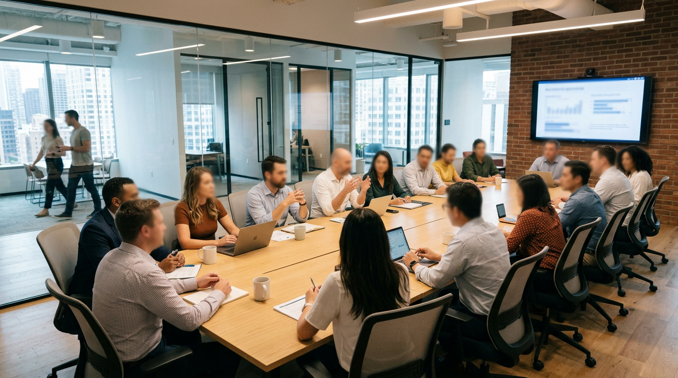 A group of professionals sitting around a conference table in a modern office having a discussion