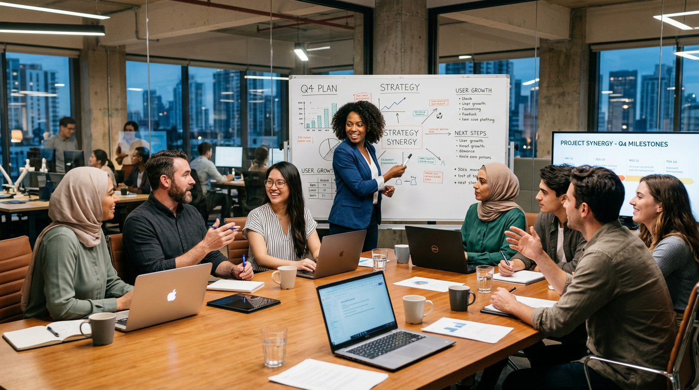 Team meeting with diverse professionals discussing strategy and growth charts